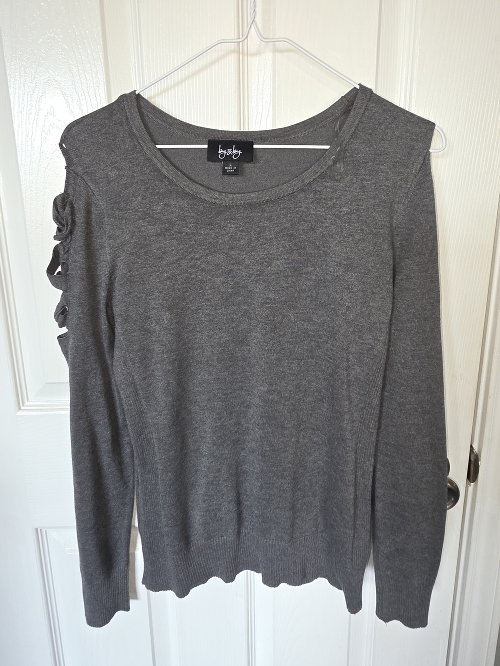 by & by Charcoal Gray Cutout Sleeve Crewneck Sweater